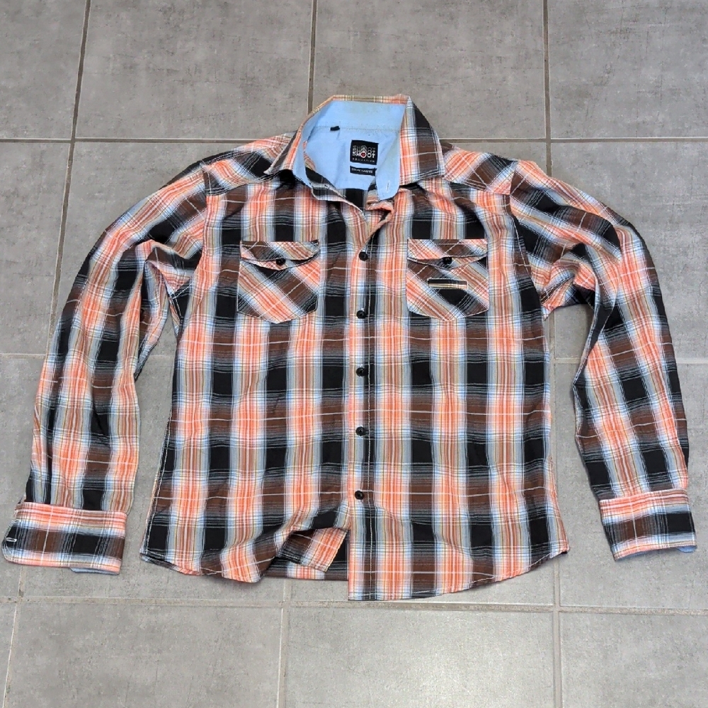 SHOOT Men's Plaid Shirt - Black, Orange, White